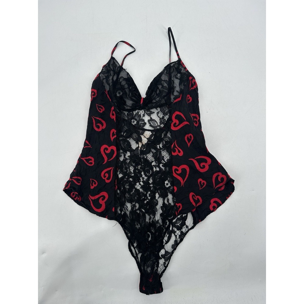 VTG Gold Label Victoria's Secret Silk Lace Heart Teddy Bodysuit Black Red Sz M